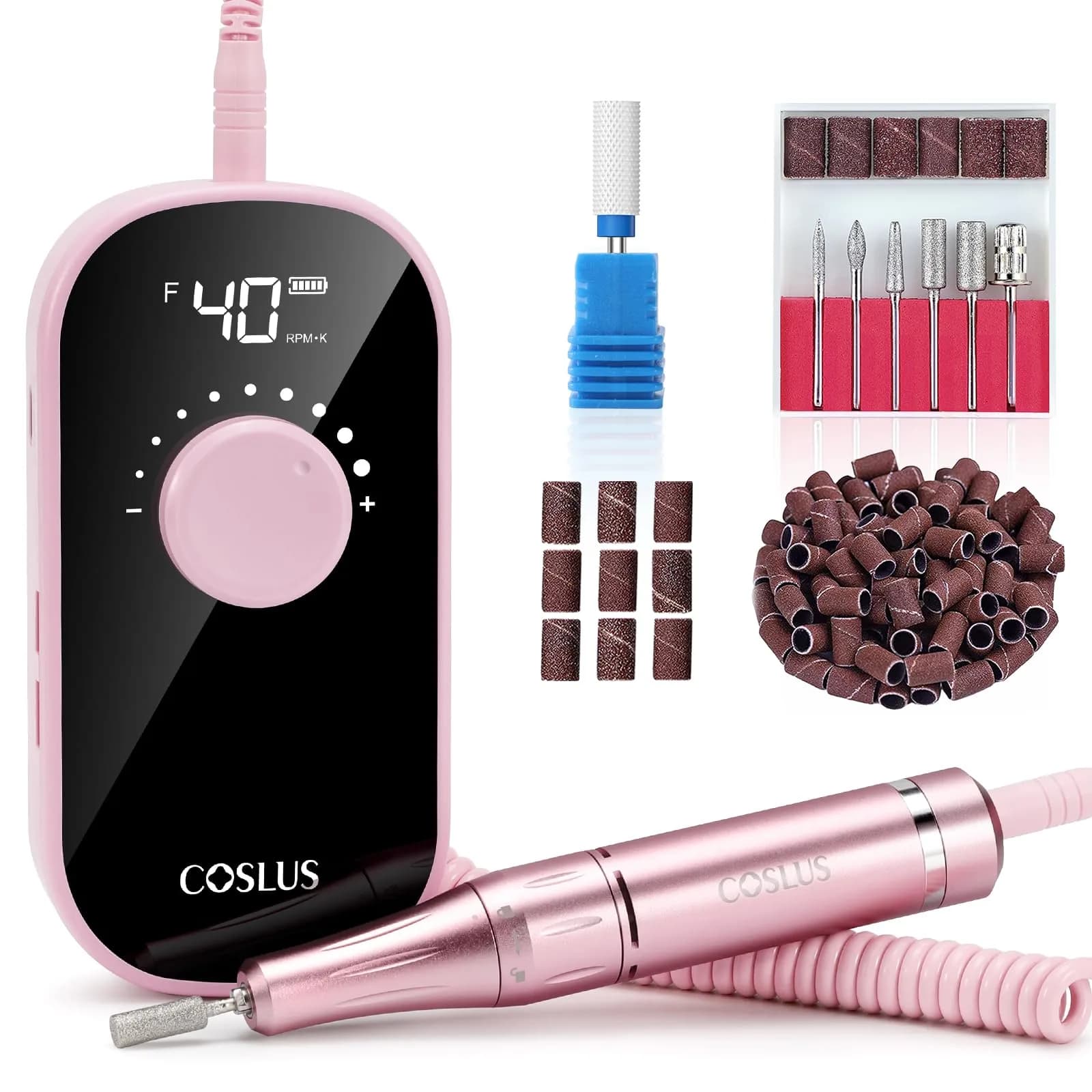 COSLUS Professional Rechargeable Electric Nail Drill 40000 RPM, Portable Nail File with Storage Stand for Acrylic Gel Polishing Removing (Pink) - main product image