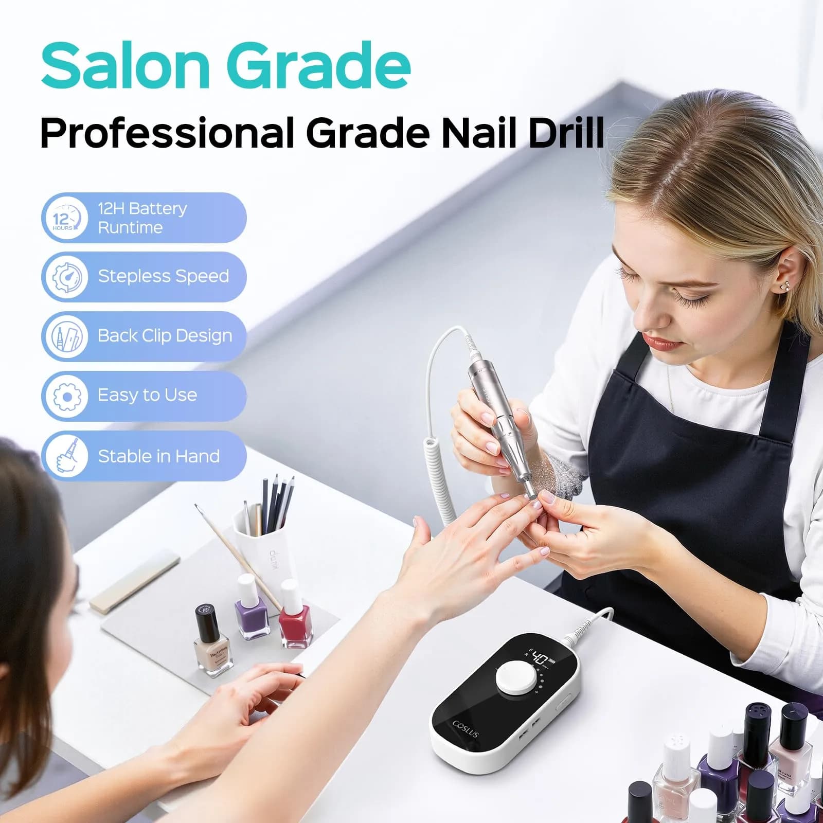 COSLUS Professional Rechargeable Electric Nail Drill with Smart LED Display, 40,000 RPM - view 2