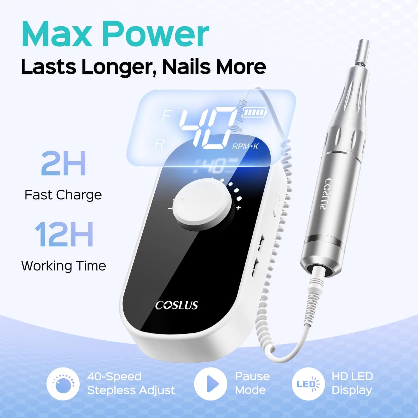 COSLUS Professional Rechargeable Electric Nail Drill with Smart LED Display, 40,000 RPM - view 4