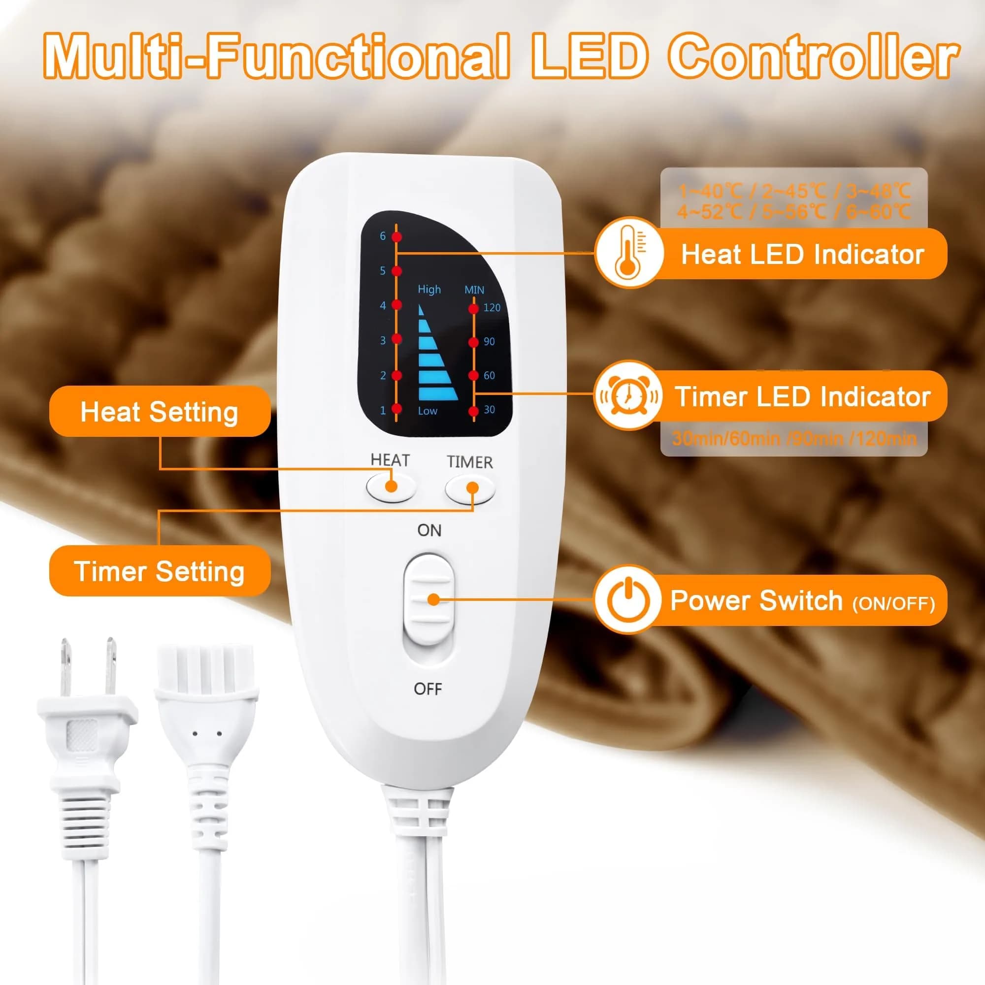 Deepsoon Brown Electric Heating Pad 24x20 Inch | Fast Heat & Auto Shut-Off - view 4