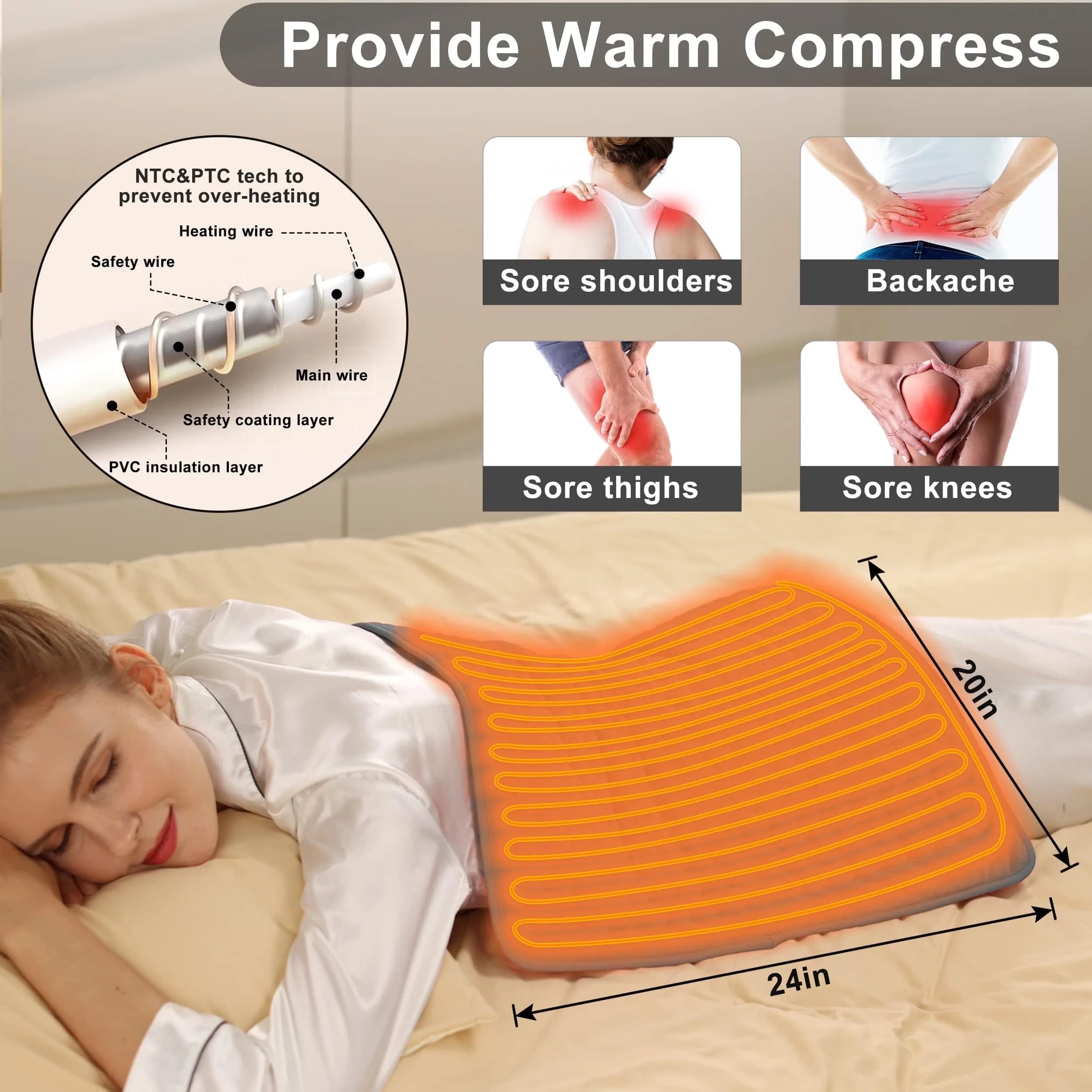 Deepsoon Brown Electric Heating Pad 24x20 Inch | Fast Heat & Auto Shut-Off - view 7
