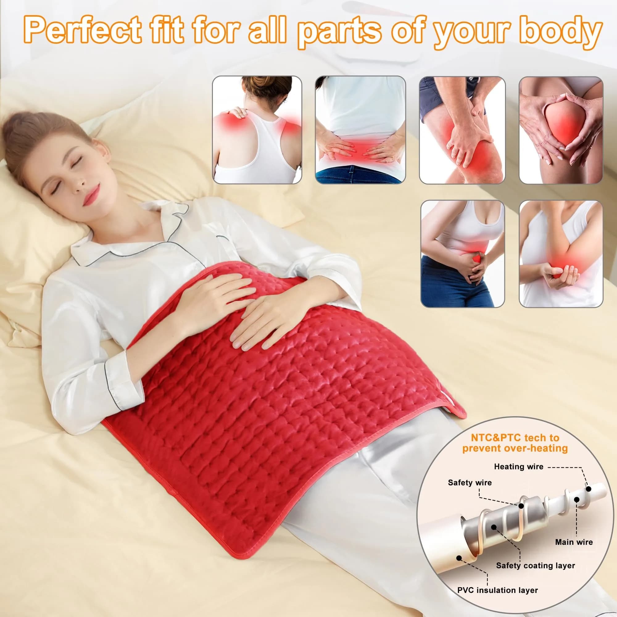 Deepsoon Red Electric Heating Pad for Back, Neck, Abdomen, Legs (24x20 Inch) | Fast Heat & Auto Shut Off - view 2