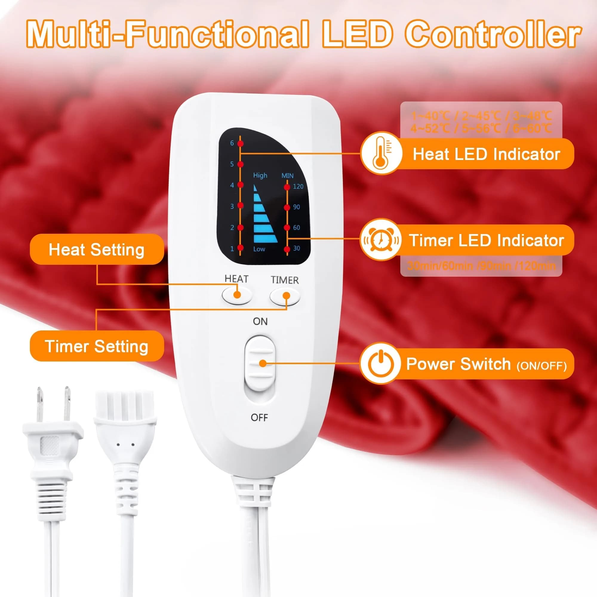 Deepsoon Red Electric Heating Pad for Back, Neck, Abdomen, Legs (24x20 Inch) | Fast Heat & Auto Shut Off - view 5