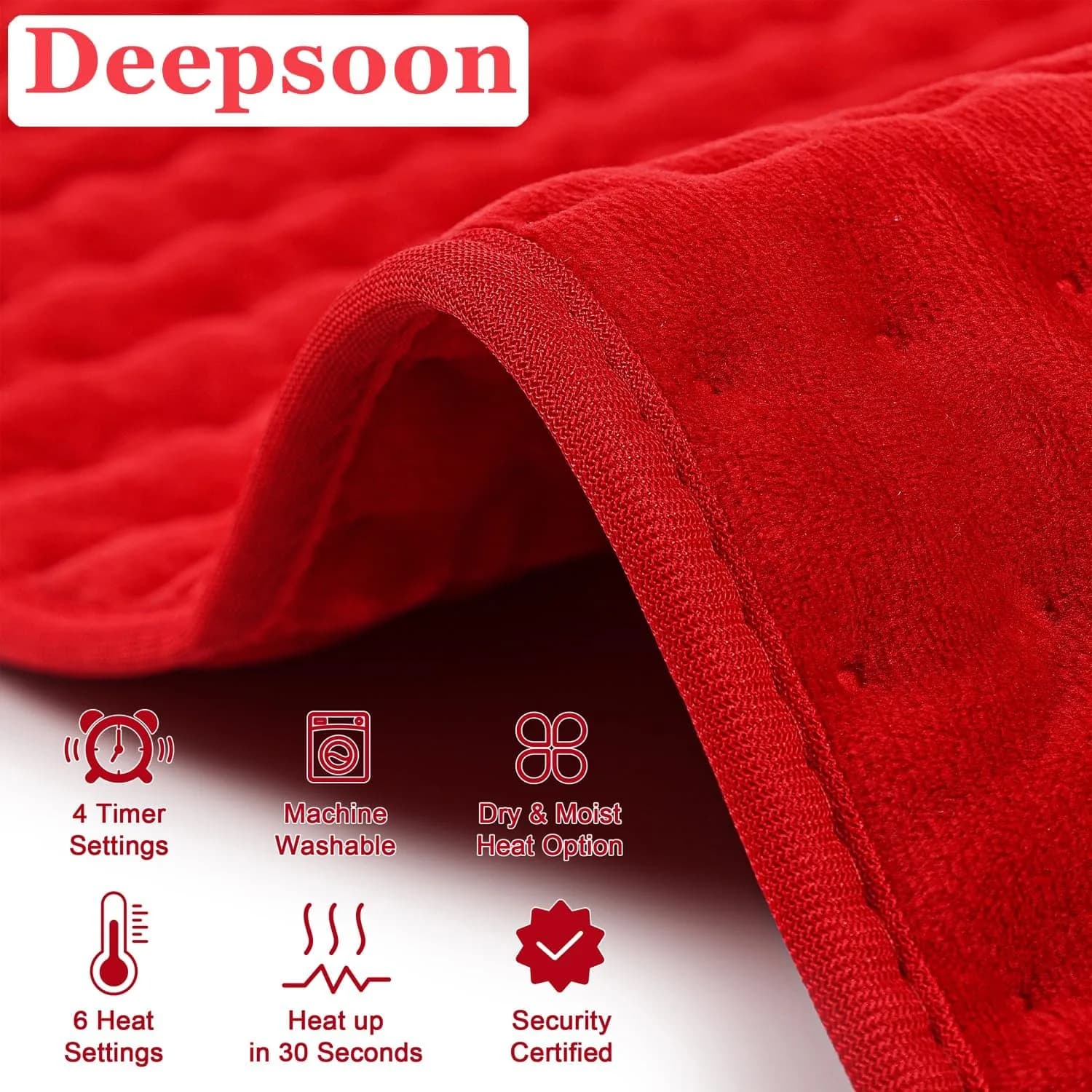 Deepsoon Red Electric Heating Pad for Back, Neck, Abdomen, Legs (24x20 Inch) | Fast Heat & Auto Shut Off - view 7