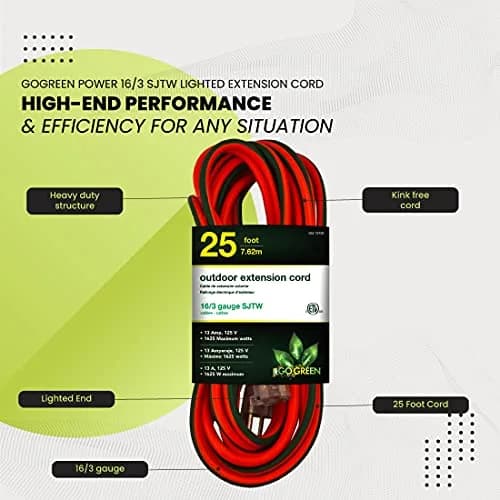 Power By GoGreen 16/3 25ft Outdoor Extension Cord with Lighted End - Contractor Grade, Moisture Resistant, 12-Pack | Heavy Duty Tools thumbnail 5
