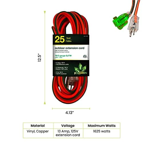 Power By GoGreen 16/3 25ft Outdoor Extension Cord with Lighted End - Contractor Grade, Moisture Resistant, 12-Pack | Heavy Duty Tools thumbnail 2