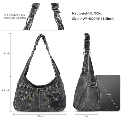 Angel Kiss Large Vegan Leather Hobo Shoulder Bag | Vintage Studded Design, 18" x 6" x 11" thumbnail 6