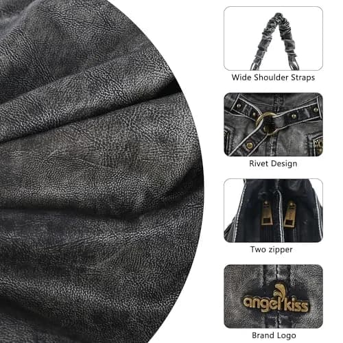 Angel Kiss Large Vegan Leather Hobo Shoulder Bag | Vintage Studded Design, 18" x 6" x 11" thumbnail 7