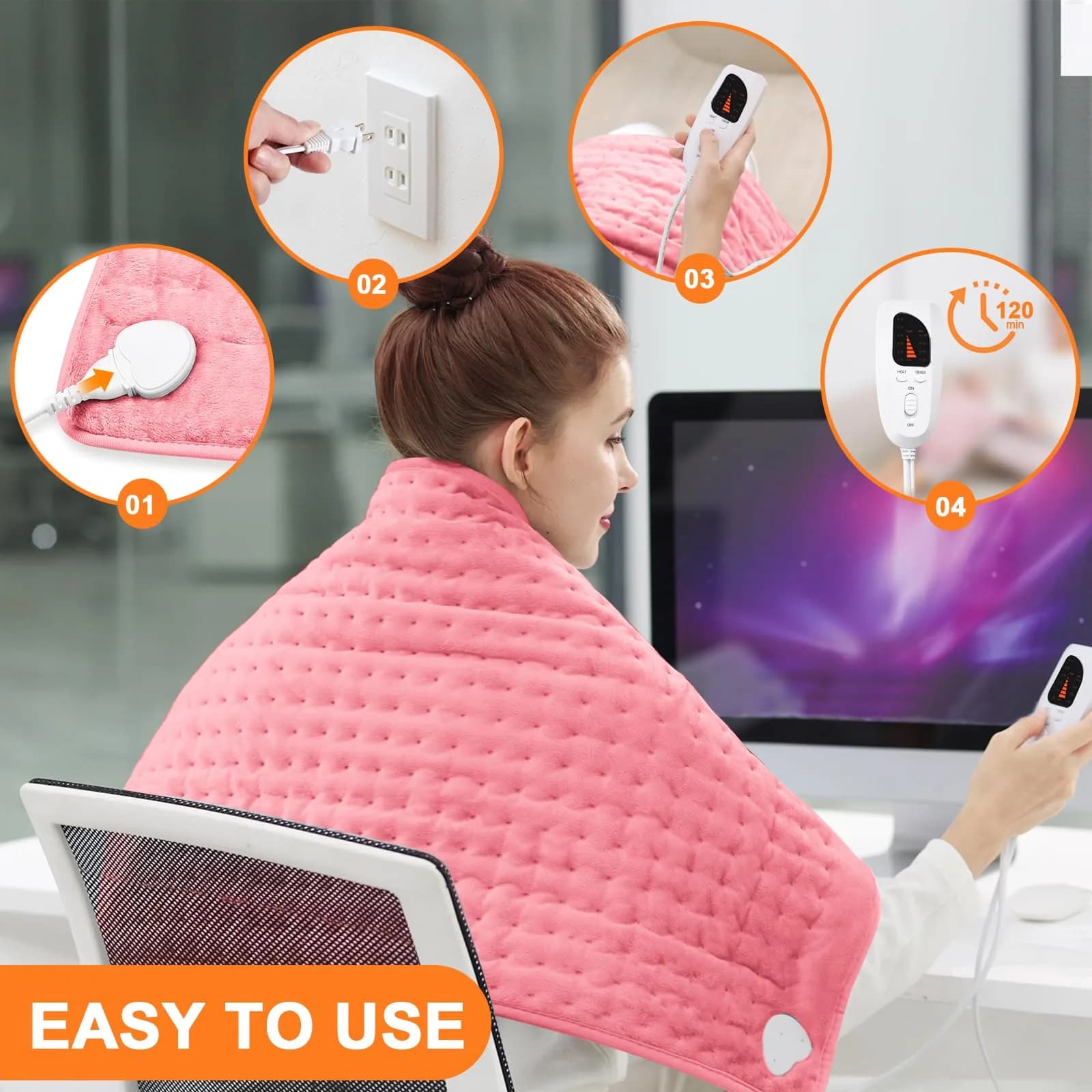 Deepsoon Electric Heating Pad for Back, Neck, Abdomen, Legs (40x20 Inch, Baby Pink) | Fast Heat & Auto Shut Off - view 2