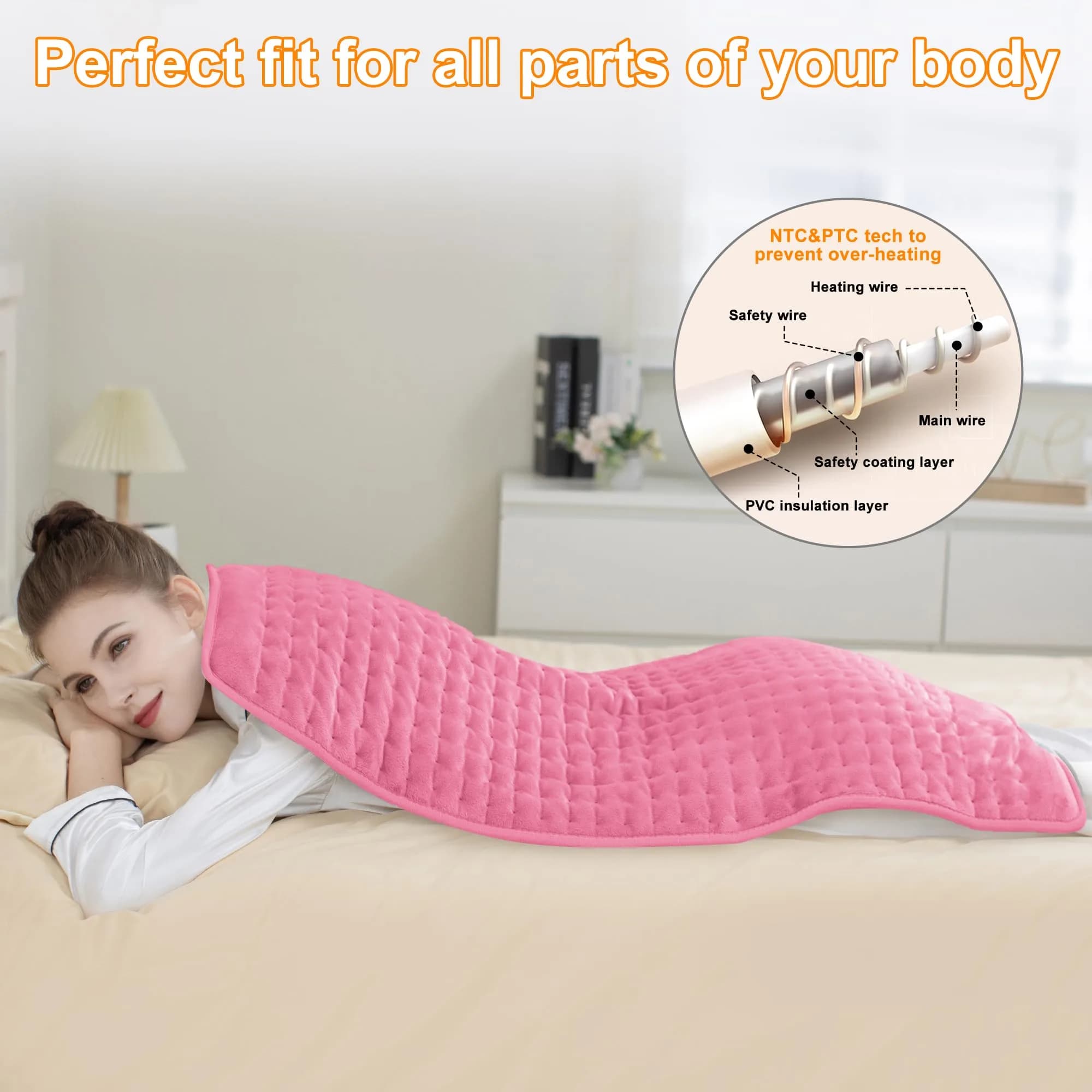 Deepsoon Electric Heating Pad for Back, Neck, Abdomen, Legs (40x20 Inch, Baby Pink) | Fast Heat & Auto Shut Off - view 3