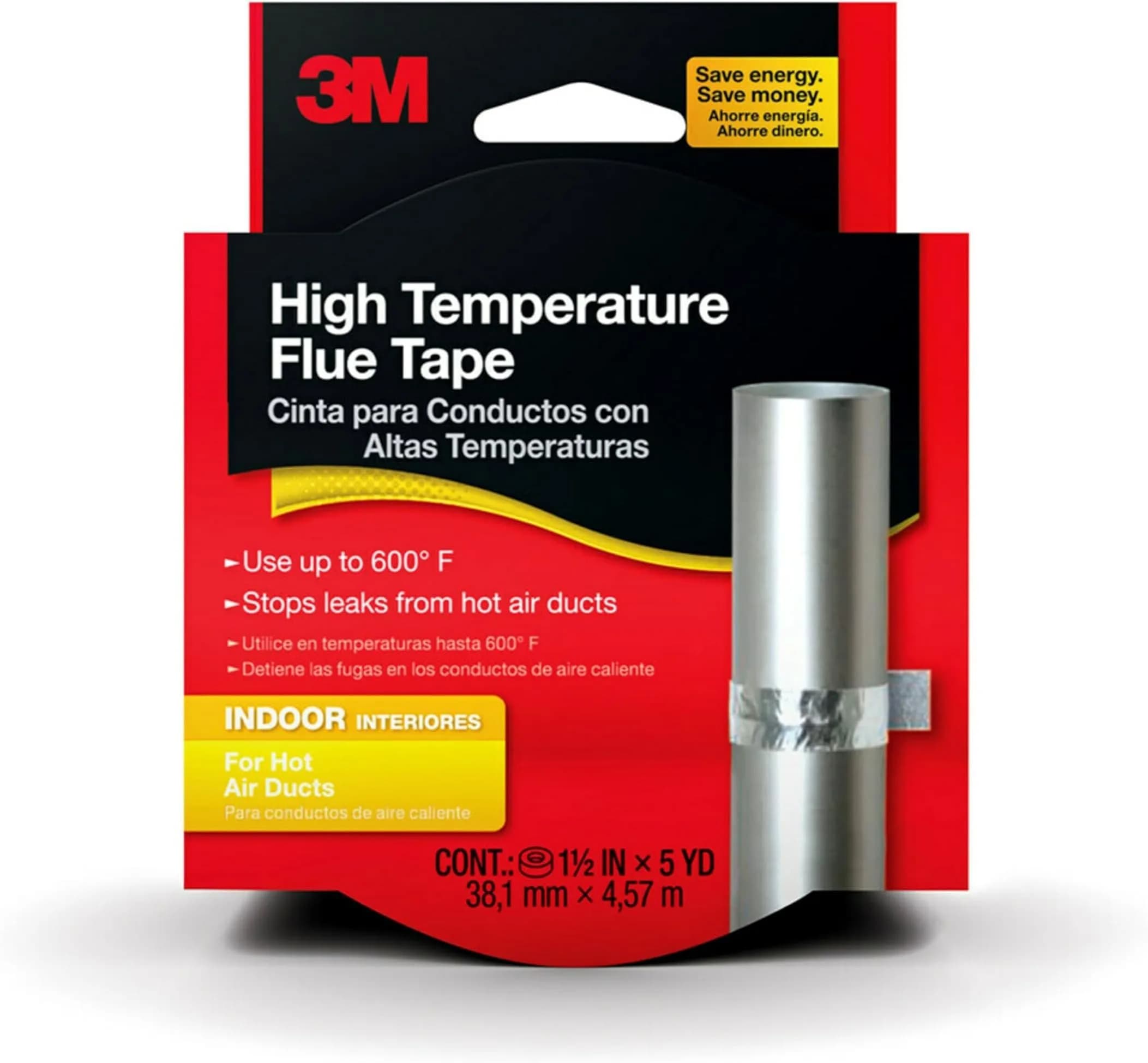 3M High Temperature Flue Tape 1.5 in x 15 ft | Up to 600°F Heat Resistance, Stops Leaks, Made in USA