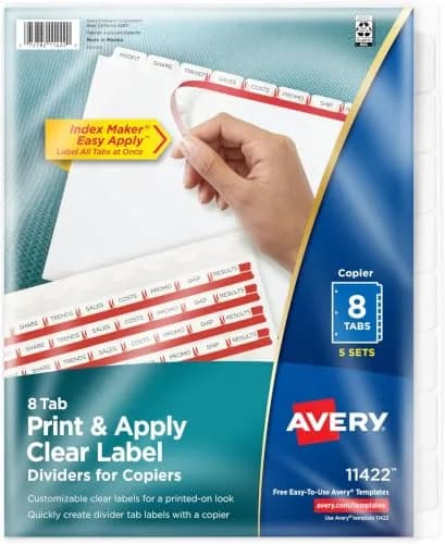 Avery 8 Tab Dividers for 3 Ring Binder, Easy Print & Apply Clear Label Strip, 5 Sets (Pack of 10) | Customizable White Tabs for Copiers thumbnail 1