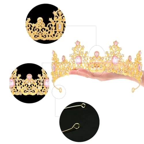 Didder Pink Gold Princess Crown Birthday Tiara for Women & Girls | Adjustable Renaissance Style Accessory thumbnail 6