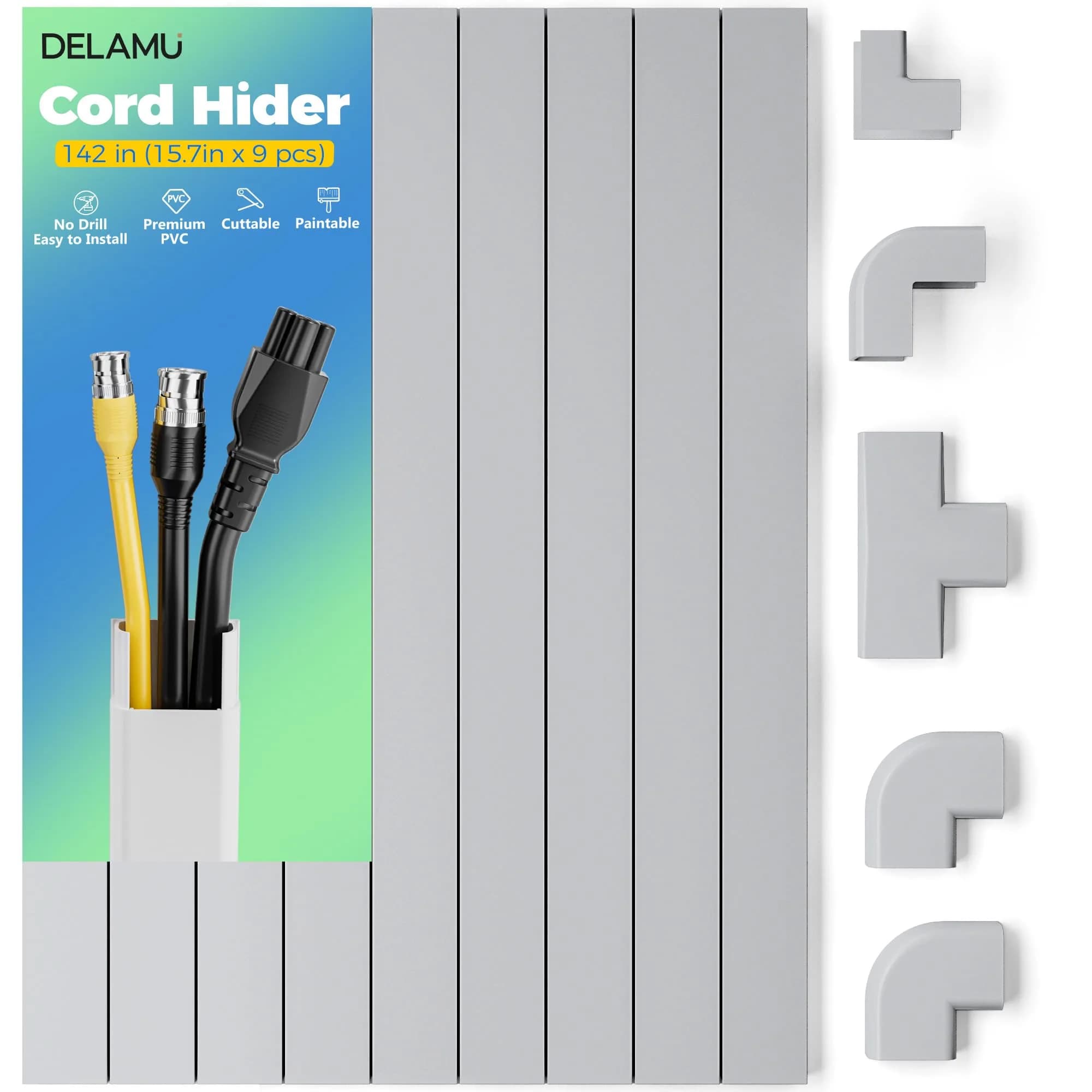 Delamu Grey Cord Hider Cable Raceway 366cm (142in) | UL94 V-0 Rated for Safety - main product image