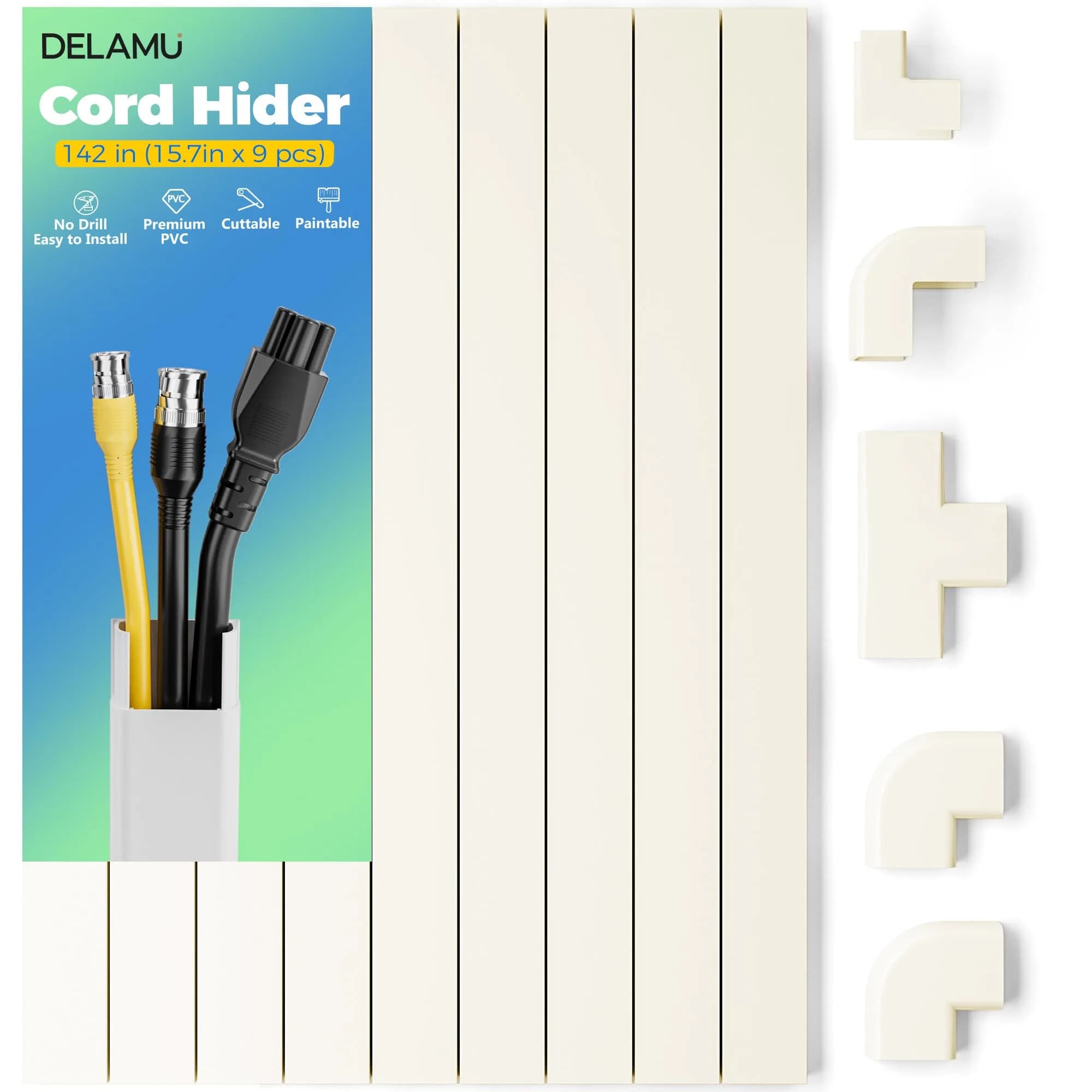 Delamu Beige Mini Cable Wire Hider, 142-inch Length for Single Thin Cord Management - main product image
