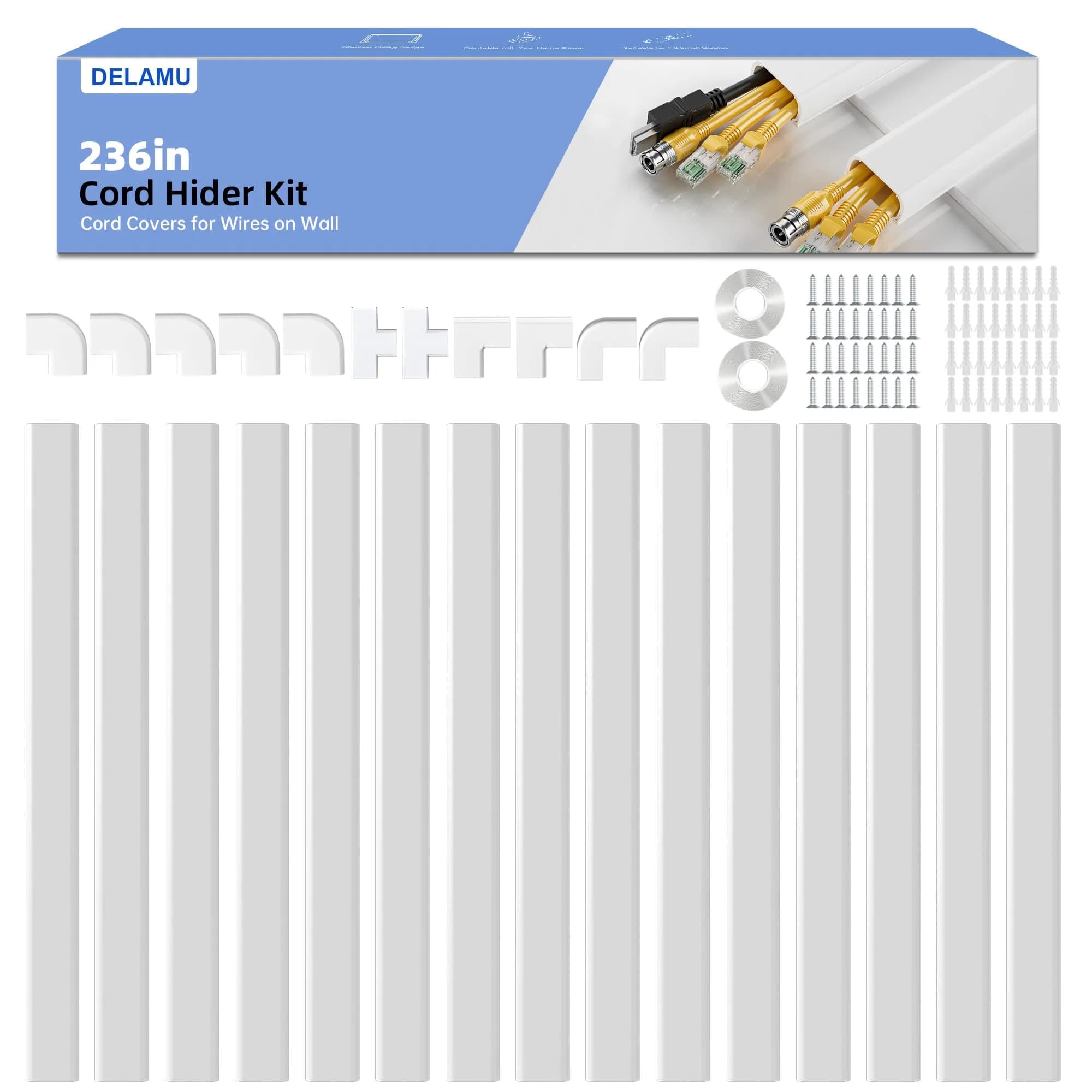 Delamu White Large Cable Wire Hider, 236in L X 1.18in W X 0.63in H | Conceals 3-4 Thin Cords - main product image