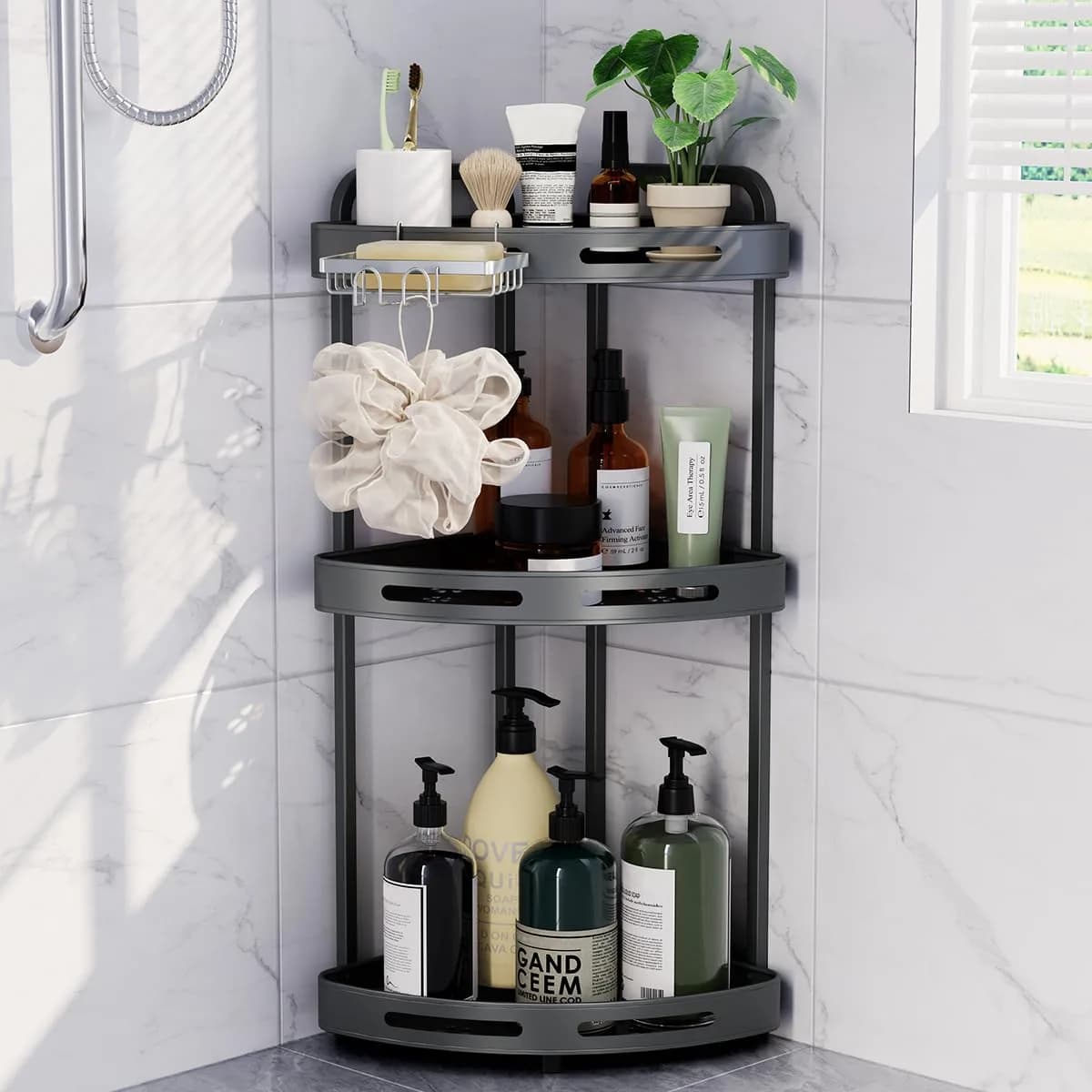 Binecer Corner Shower Caddy 3 Tier Grey | Rustproof Aluminium Bathroom Organizer