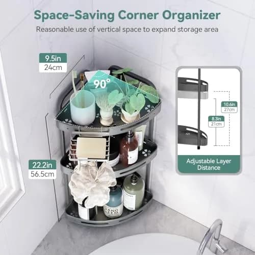 Binecer Corner Shower Caddy 3 Tier Grey | Rustproof Aluminium Bathroom Organizer thumbnail 5
