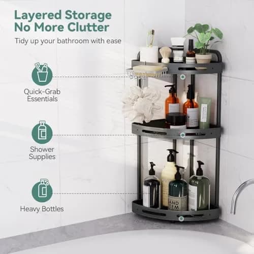 Binecer Corner Shower Caddy 3 Tier Grey | Rustproof Aluminium Bathroom Organizer thumbnail 2