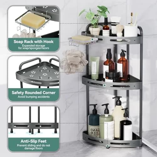 Binecer Corner Shower Caddy 3 Tier Grey | Rustproof Aluminium Bathroom Organizer thumbnail 3