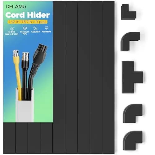 Delamu Black Cord Hider Cable Raceway Kit 142in (360.68 cm) | UL94 V-0 Rated for Safety thumbnail 1