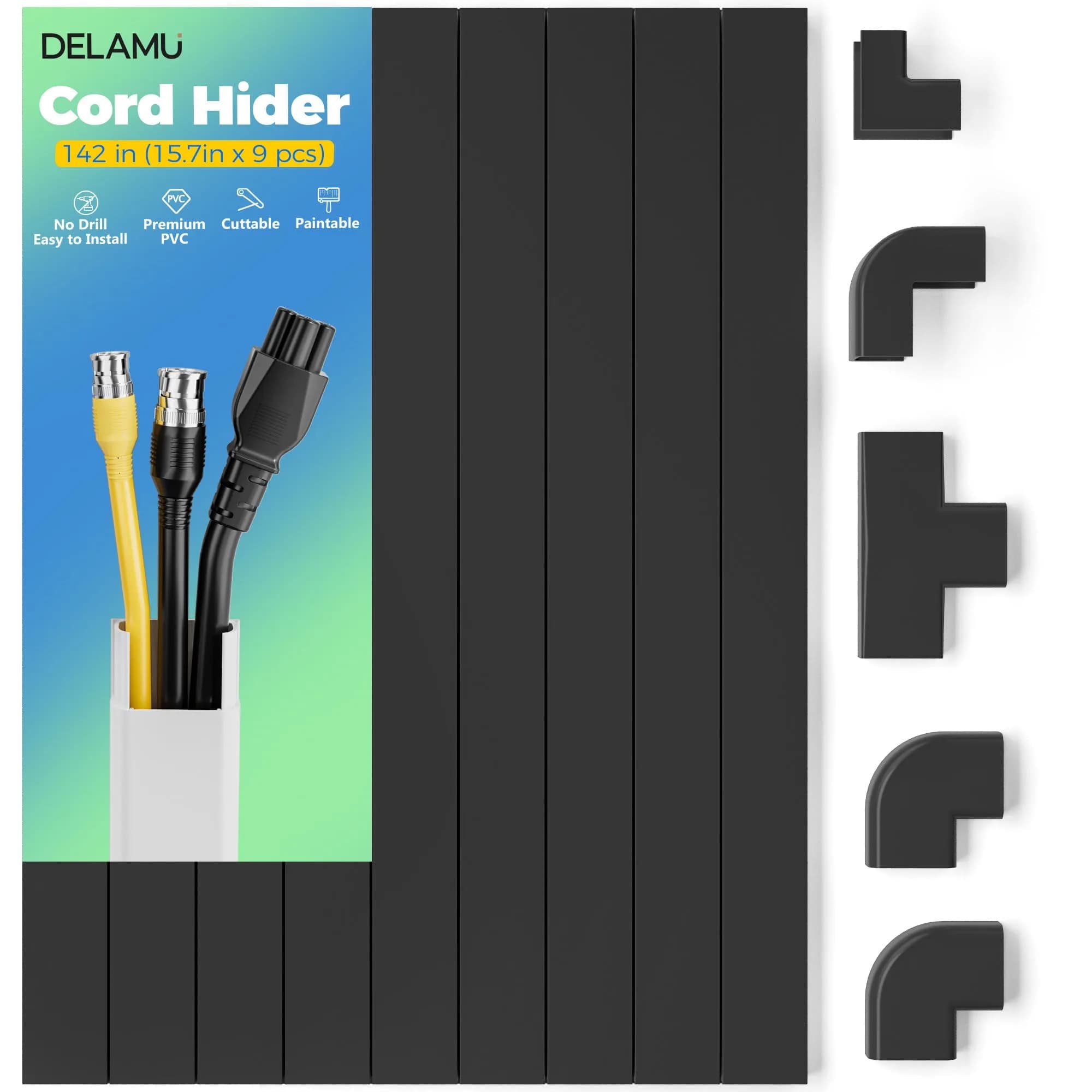 Delamu 142-inch Black Cable Wire Hider for Wall - Conceals Up to 3 Thin Cords - main product image