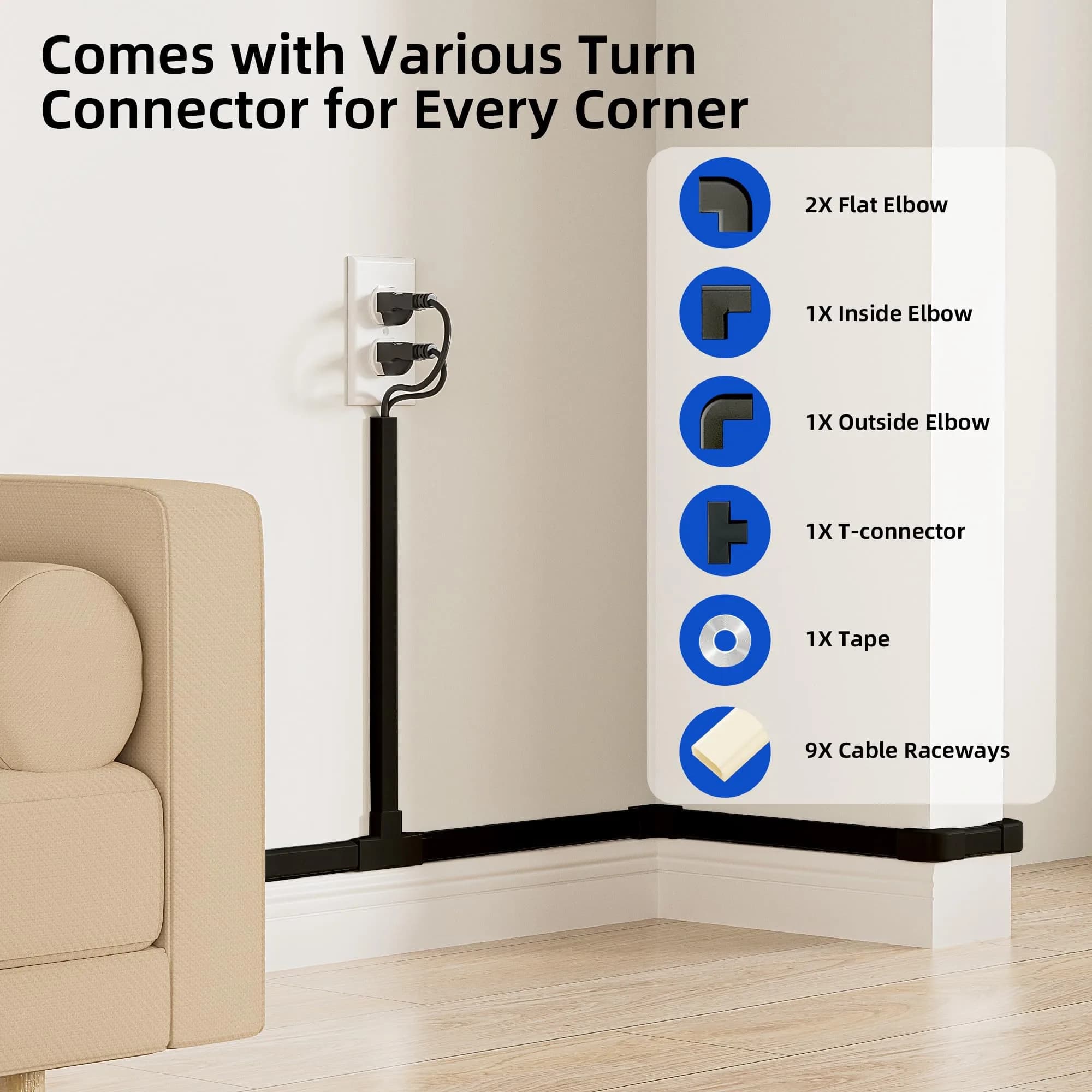 Delamu 142-inch Black Cable Wire Hider for Wall - Conceals Up to 3 Thin Cords - view 3