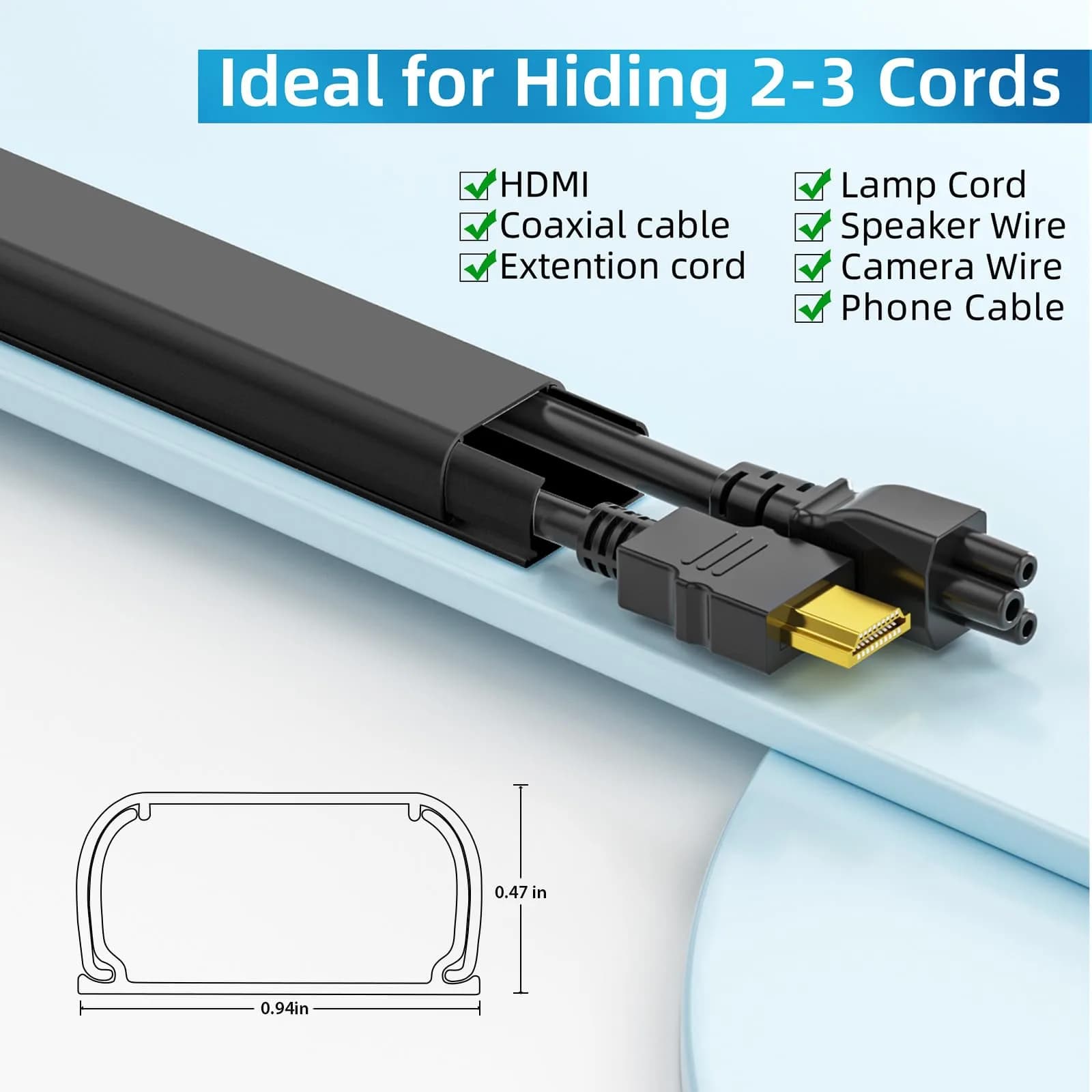 Yecaye Black Medium Cord Management Cover 142in | Conceals 2-3 Cables for Home Office - view 2