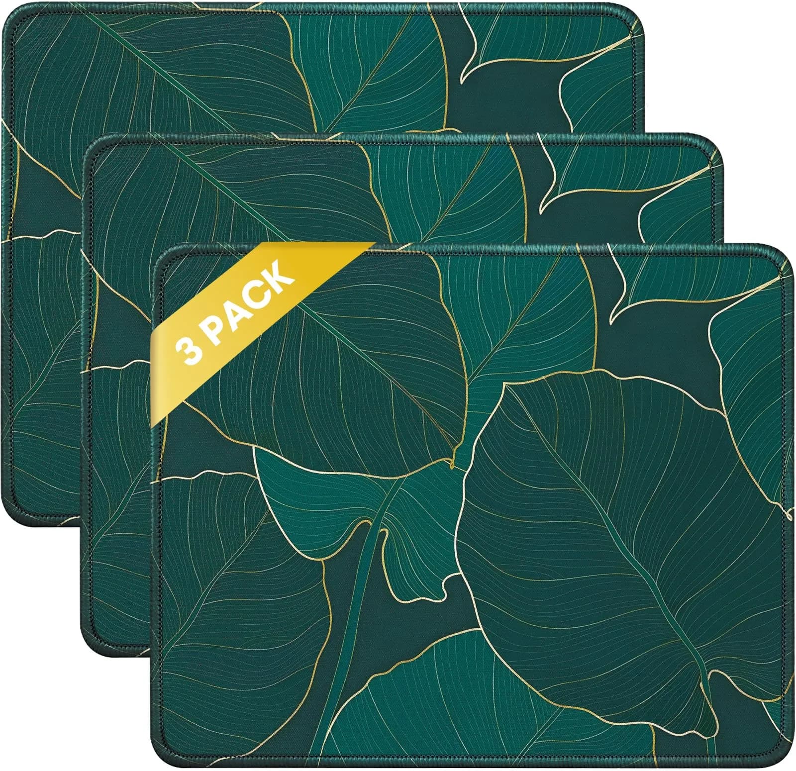 JIKIOU Black 3 Pack Mouse Pad with Stitched Edge, Comfortable Cloth Surface, Non-Slip Rubber Base (10.2x8.3inch) — Leaf