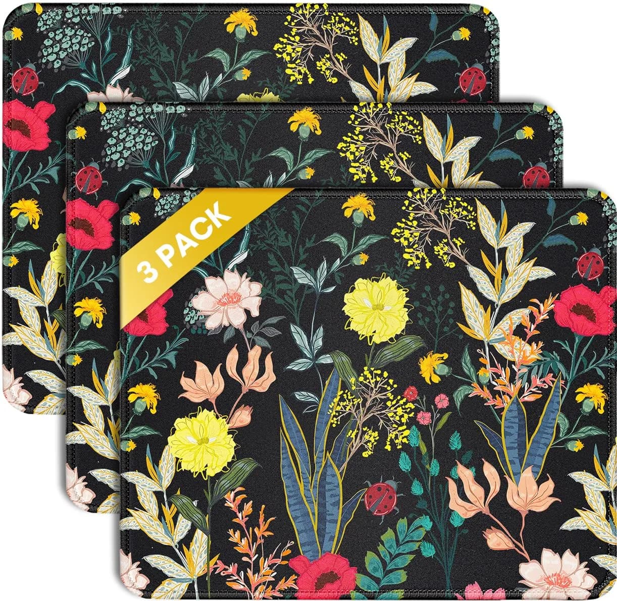 JIKIOU Boho Mouse Pad 25.9cm (10.2in) x 21.0cm (8.3in) | Natural Rubber Base with Stitched Edges — Flowers with Black