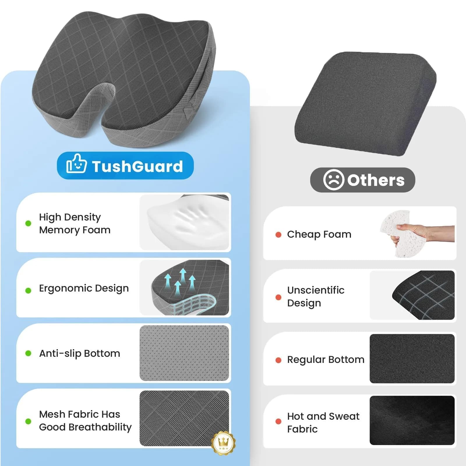 TushGuard X-Large Office & Car Seat Cushion - Ergonomic Memory Foam Pad for Sciatica & Back Pain Relief (Black&Grey) - view 6