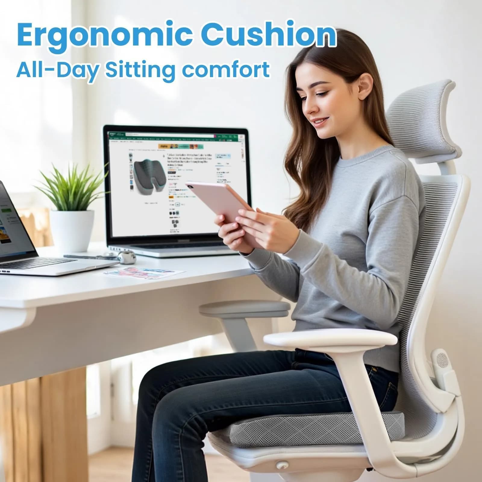 TushGuard X-Large Office & Car Seat Cushion - Ergonomic Memory Foam Pad for Sciatica & Back Pain Relief (Black&Grey) - view 7