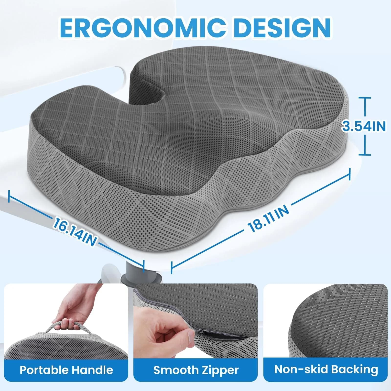 TushGuard X-Large Office & Car Seat Cushion - Ergonomic Memory Foam Pad for Sciatica & Back Pain Relief (Black&Grey) - view 2
