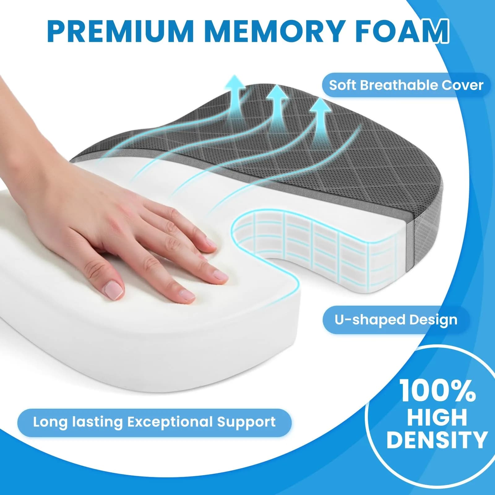 TushGuard X-Large Office & Car Seat Cushion - Ergonomic Memory Foam Pad for Sciatica & Back Pain Relief (Black&Grey) - view 3