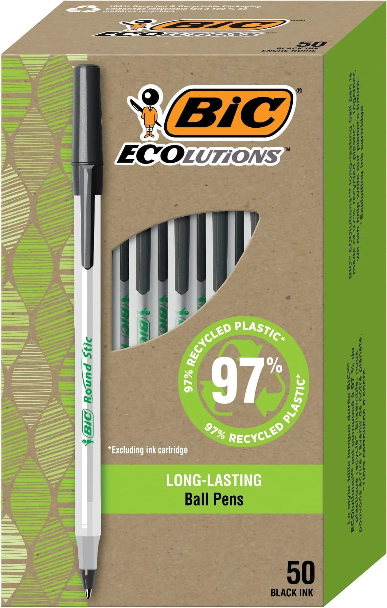 BIC Ecolutions Round Stic Ballpoint Pens, Medium Point 1.0mm, Black Ink, 50-Count Pack of 9 | Eco-Friendly Writing - main product image