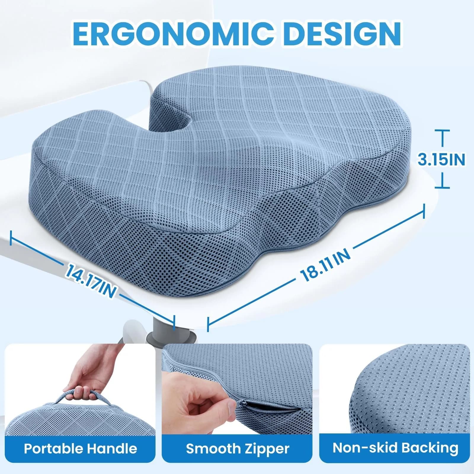 TushGuard Light Blue Memory Foam Seat Cushion for Tailbone Pain Relief, Large | Premium Quality Body Positioner - view 2