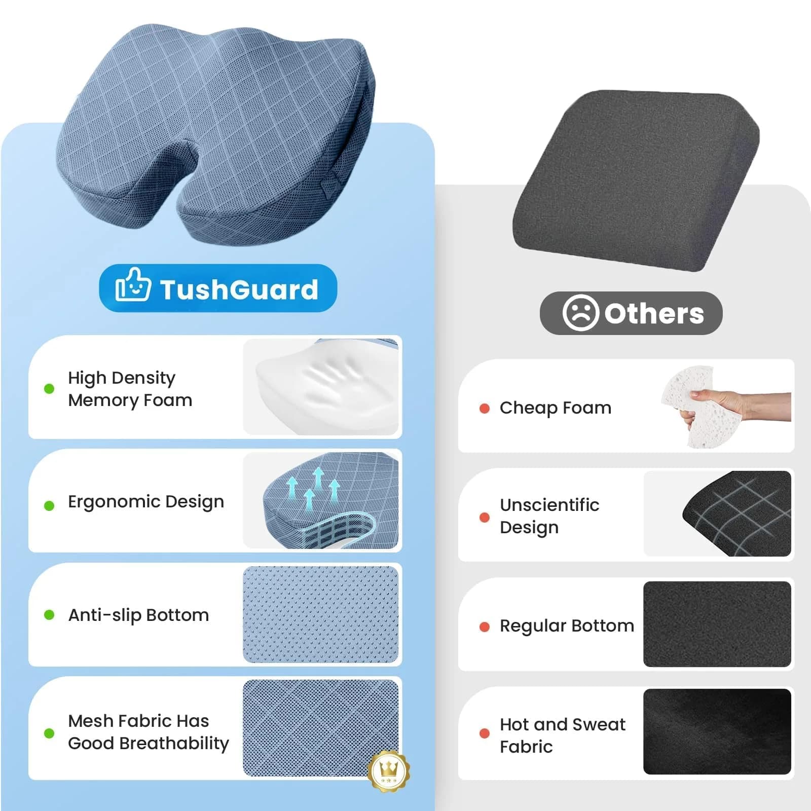 TushGuard Light Blue Memory Foam Seat Cushion for Tailbone Pain Relief, Large | Premium Quality Body Positioner - view 6