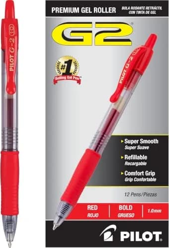 PILOT G2 Premium Retractable Gel Pens, Bold Point, Red Ink, 1.0mm Line, 12 Count (Pack of 12) | Longest-Lasting Gel Ink Pen thumbnail 1