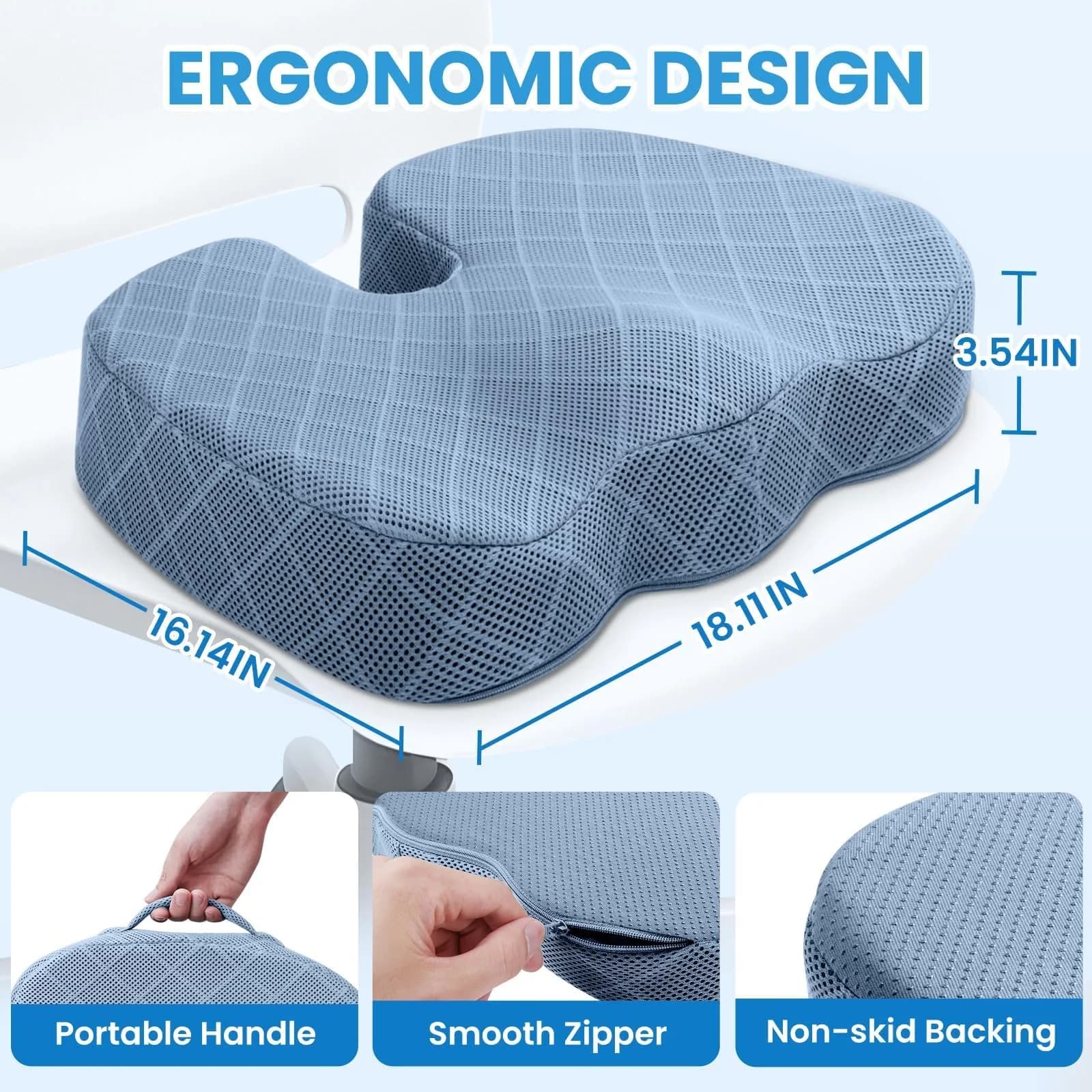 TushGuard Light Blue Memory Foam Seat Cushion for Sciatica Pain Relief, X-Large | Premium Quality Body Positioner - view 2