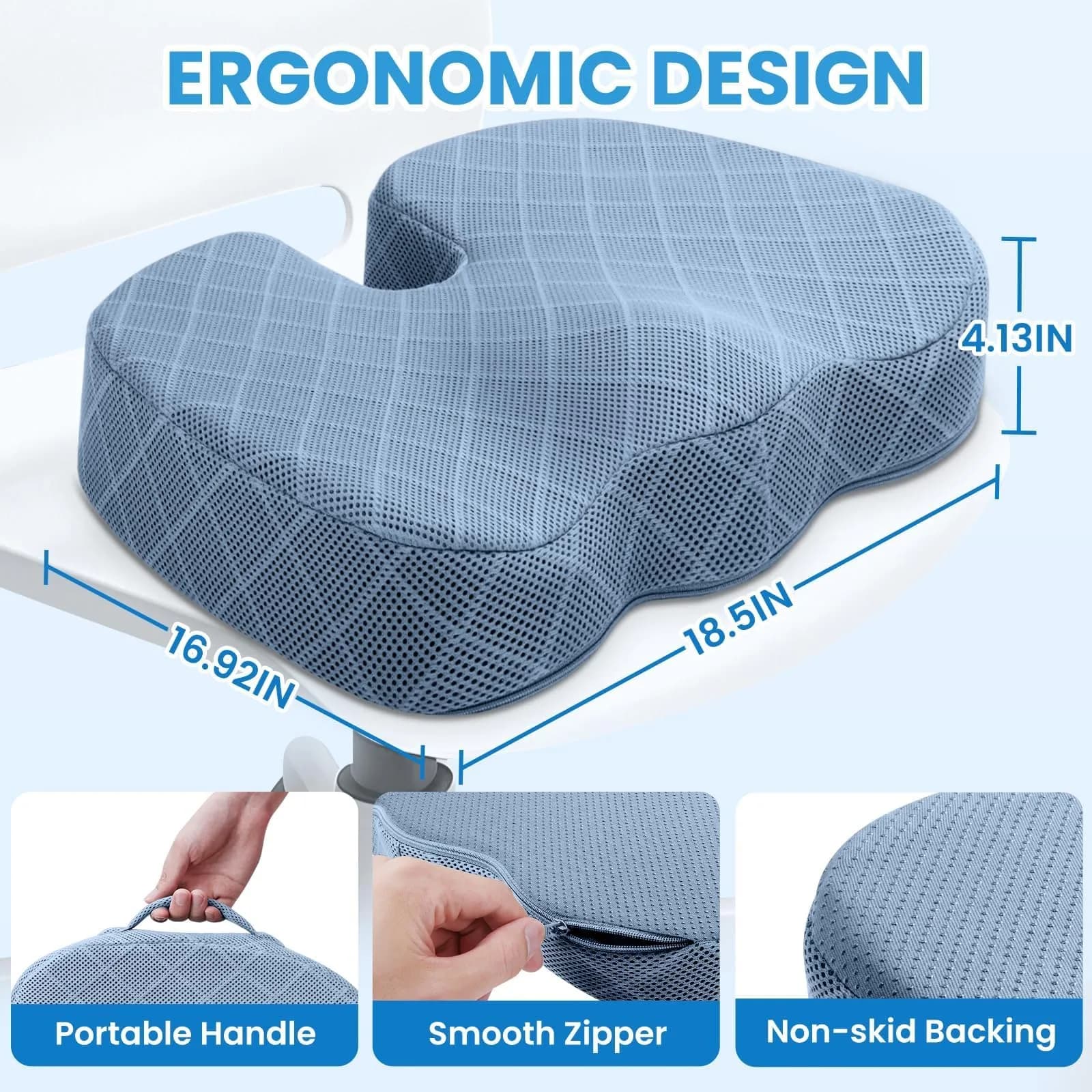 TushGuard Memory Foam Office Chair Seat Cushion Light Blue XX-Large | Ergonomic U-Shape for Sciatica & Back Pain Relief - view 2