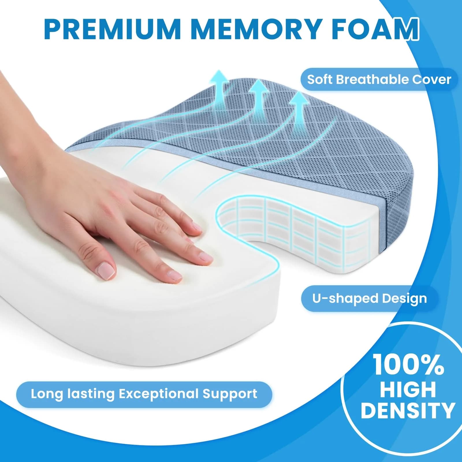 TushGuard Memory Foam Office Chair Seat Cushion Light Blue XX-Large | Ergonomic U-Shape for Sciatica & Back Pain Relief - view 3