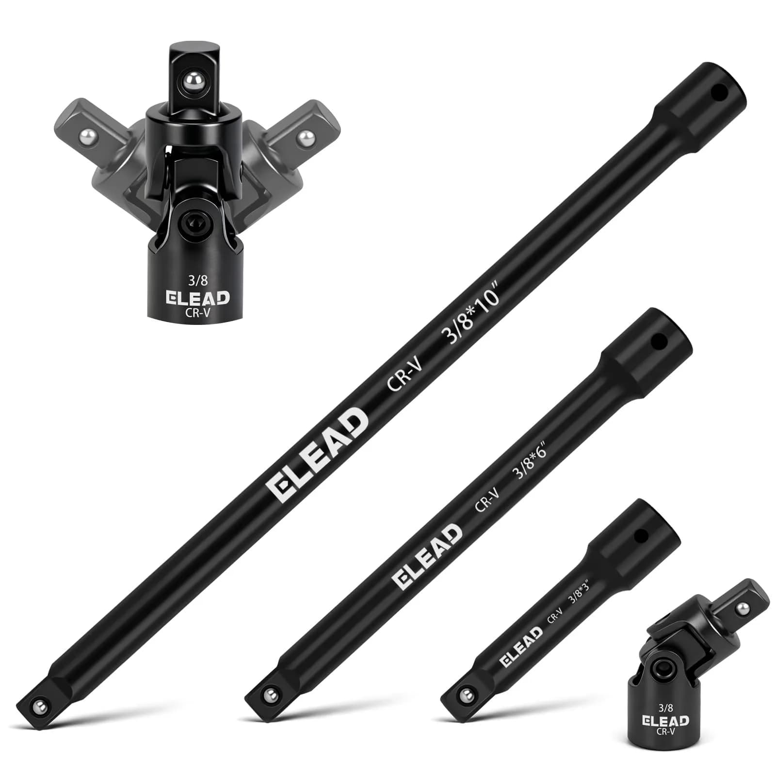 ELEAD 4-Piece 3/8" Drive Socket Extension Bar Set, 3, 6, 10 inch, Chrome Vanadium Steel, Black — 4-Piece 3/8" Socket Extension Bar Set