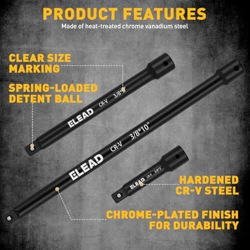 ELEAD 4-Piece 3/8" Drive Socket Extension Bar Set, 3, 6, 10 inch, Chrome Vanadium Steel, Black thumbnail 3