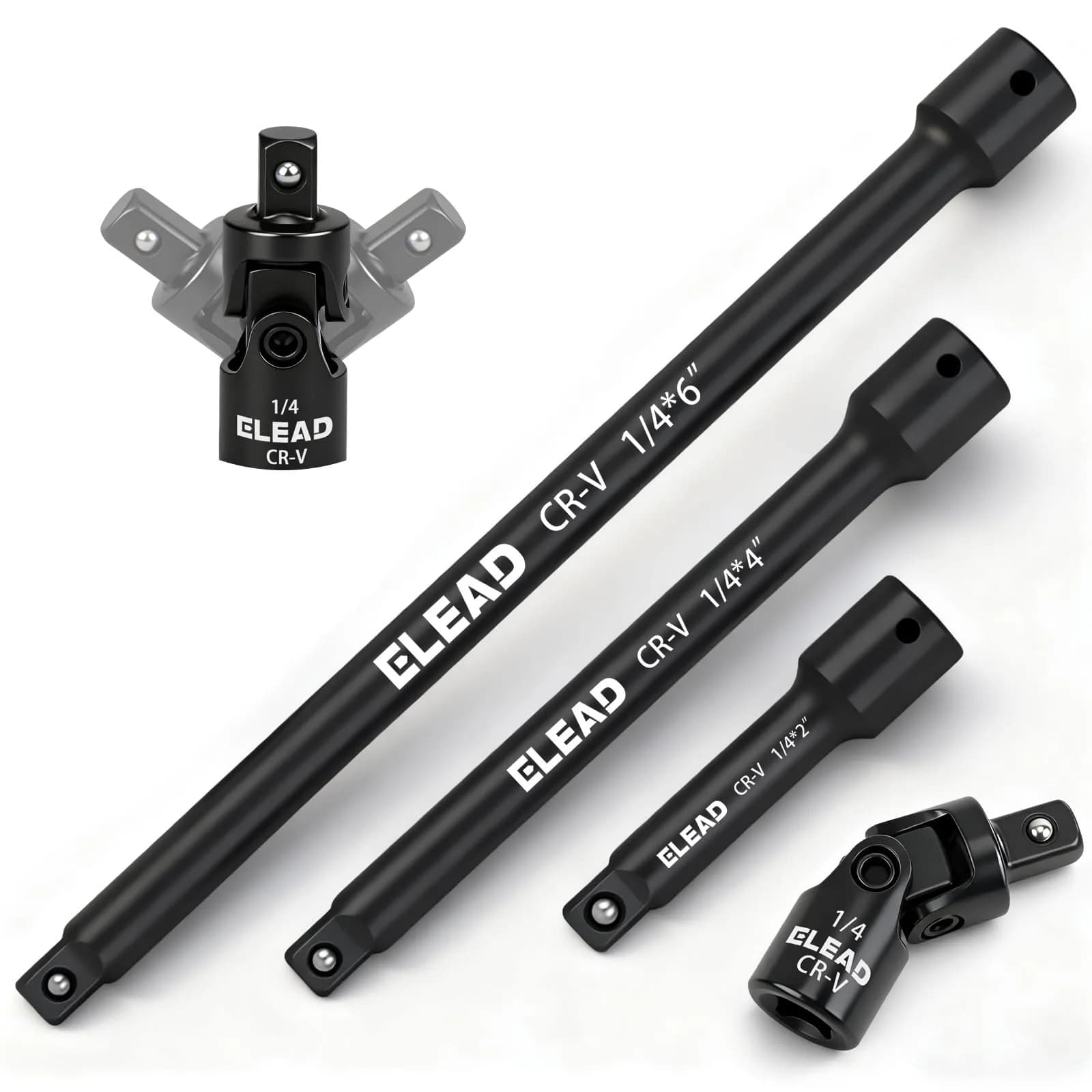 ELEAD 4-Piece 1/4" Drive Socket Extension Bar Set 2, 4, 6 inch | Premium Cr-V Steel, Universal Joint — 4-Piece 1/4" Socket Extension Bar Set