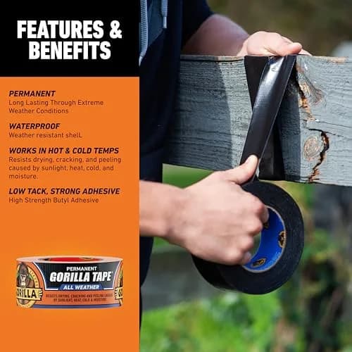 Gorilla All Weather Duct Tape Black 1.88" x 25 yd | Waterproof & UV Resistant for Outdoor Repairs (2-Pack, 12 Rolls Total) thumbnail 4
