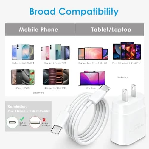 CXX 25W Type C Charger Fast Charging for S26/S25/S24 | 6Ft USB-C Cable, White thumbnail 4