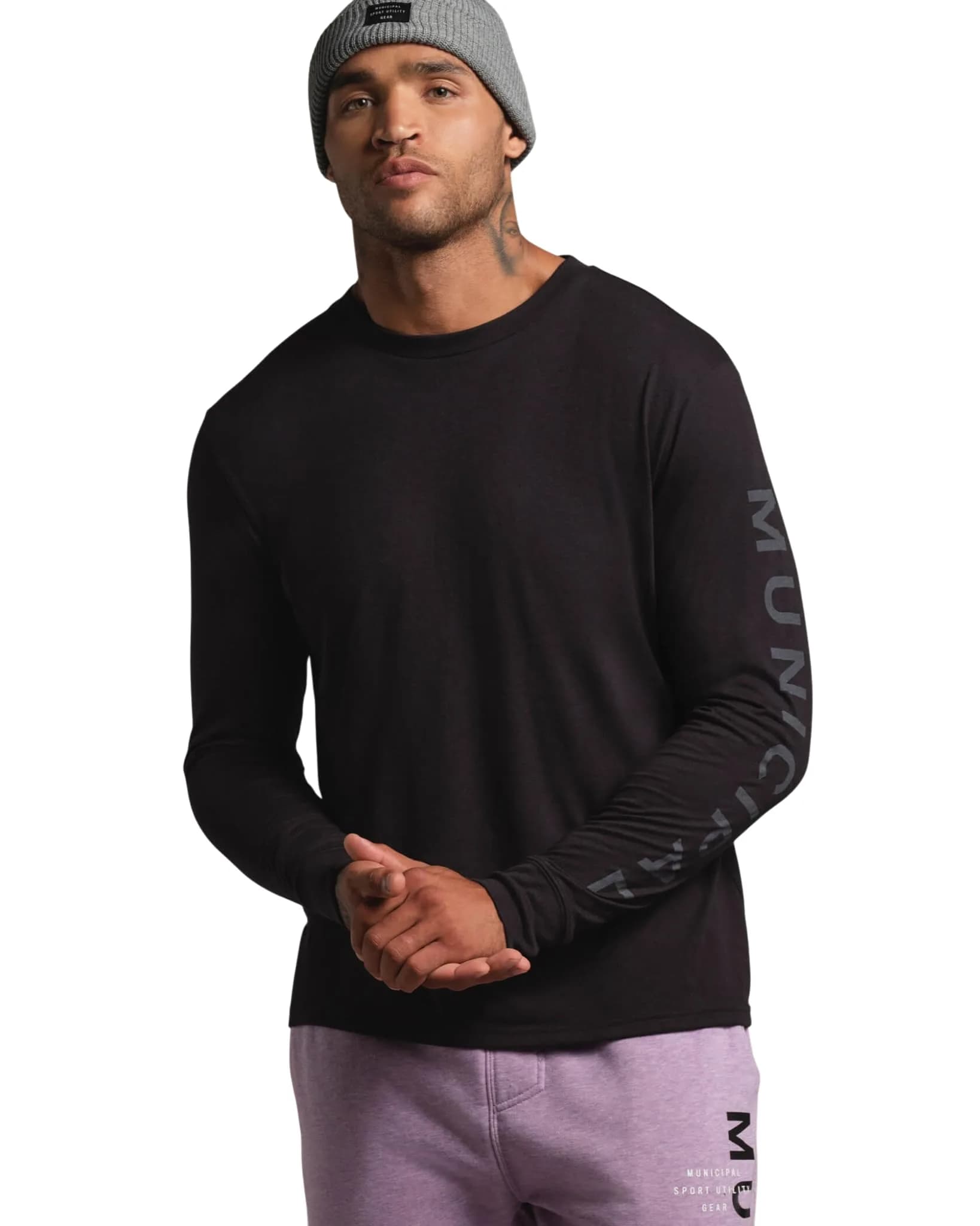 MUNICIPAL Men's Armband Superblend Long Sleeve T-Shirt, Black/Charcoal, Medium | Premium Comfort & Fit