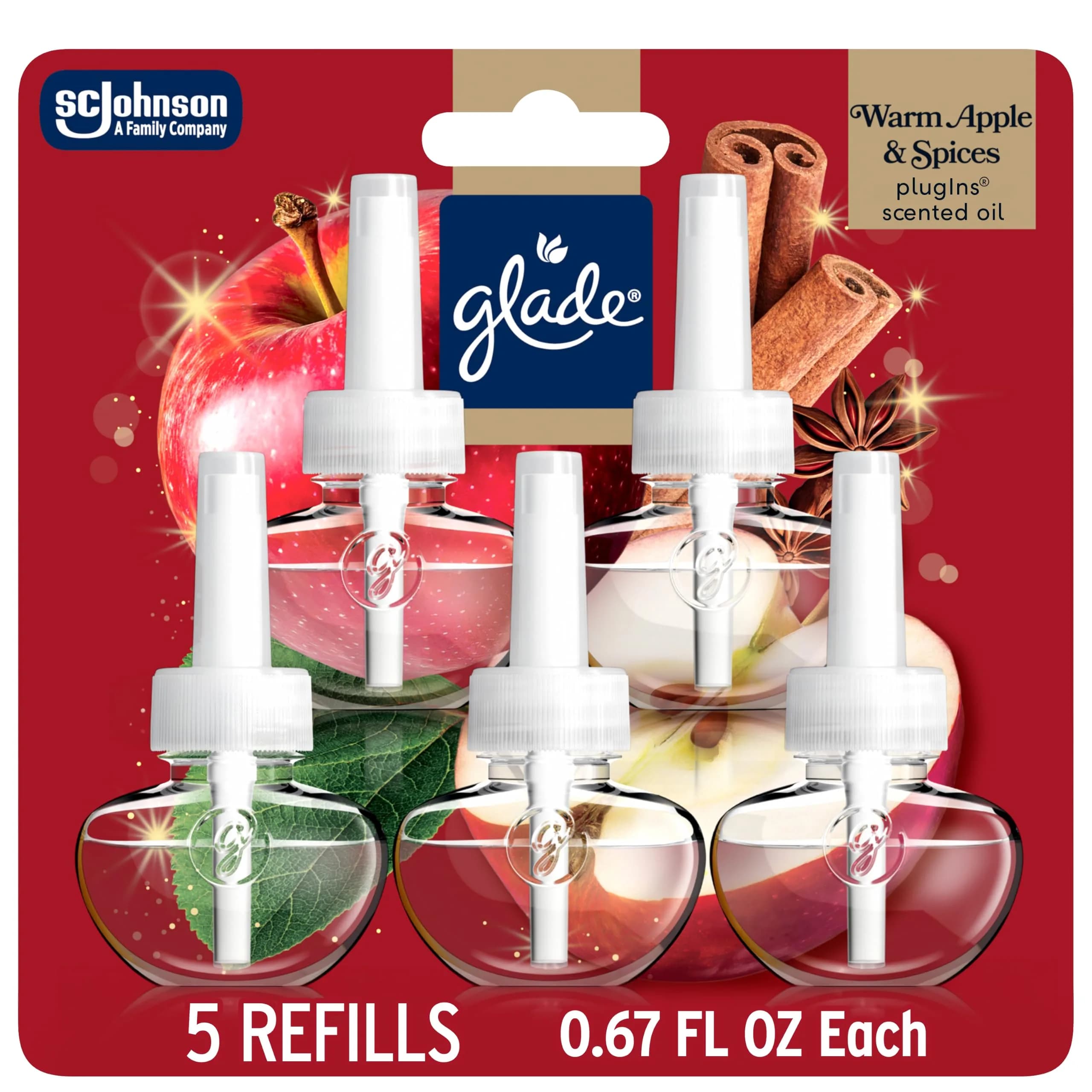 Glade PlugIns Scented Oil Refills Warm Apple & Spices 5 Count 3.35 fl oz | Festive Seasonal Fragrance