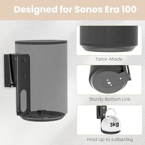 PUTORSEN Speaker Wall Mount for Sonos Era 100, Tilt & Swivel, 2 Pack Black | Secure Metal Bracket for Enhanced Audio thumbnail 2