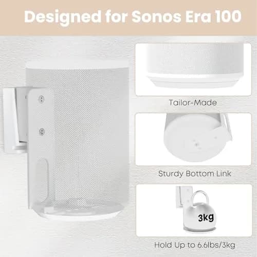 PUTORSEN Speaker Wall Mount for Sonos Era 100, Tilt & Swivel, 2 Pack White | Metal Mount Bracket for Better Audio Enjoyment thumbnail 2